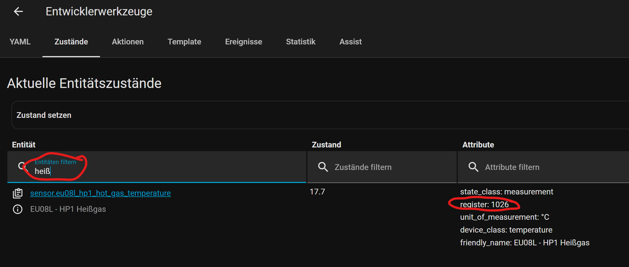 Attribute eines Sensors in den Entwicklertools anzeigen